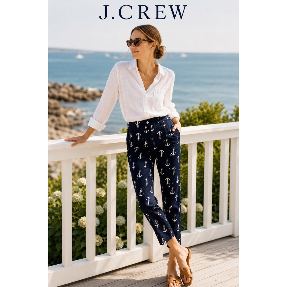J.Crew Navy Anchor Print Stretch Ankle Pants Size 00 Coastal Preppy